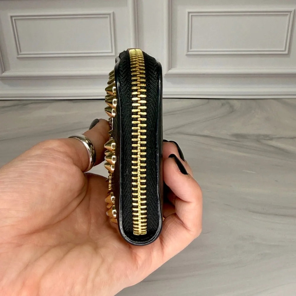 Christian Louboutin Black Leather Studded Compact Zip Wallet | COA + Dust Bag